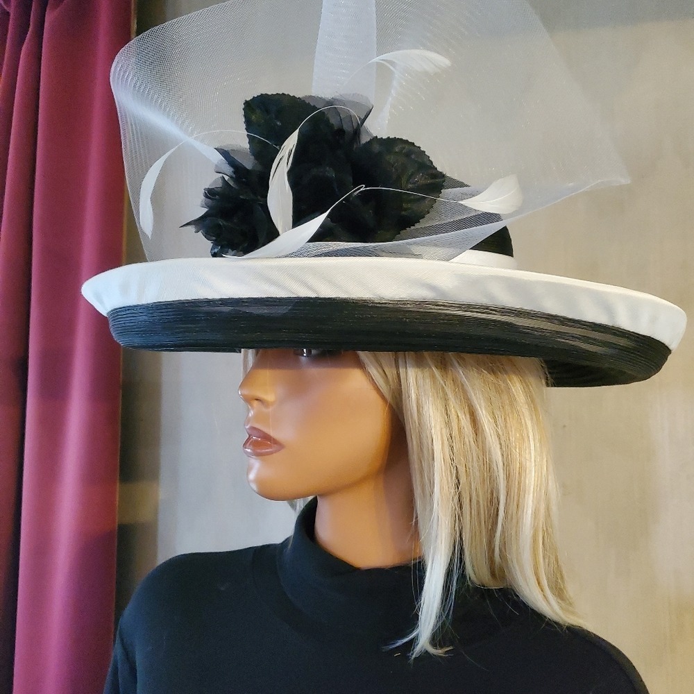 Whittail and Shon Black and White Wide Brim Fascinator Hat Feather Haute Couture